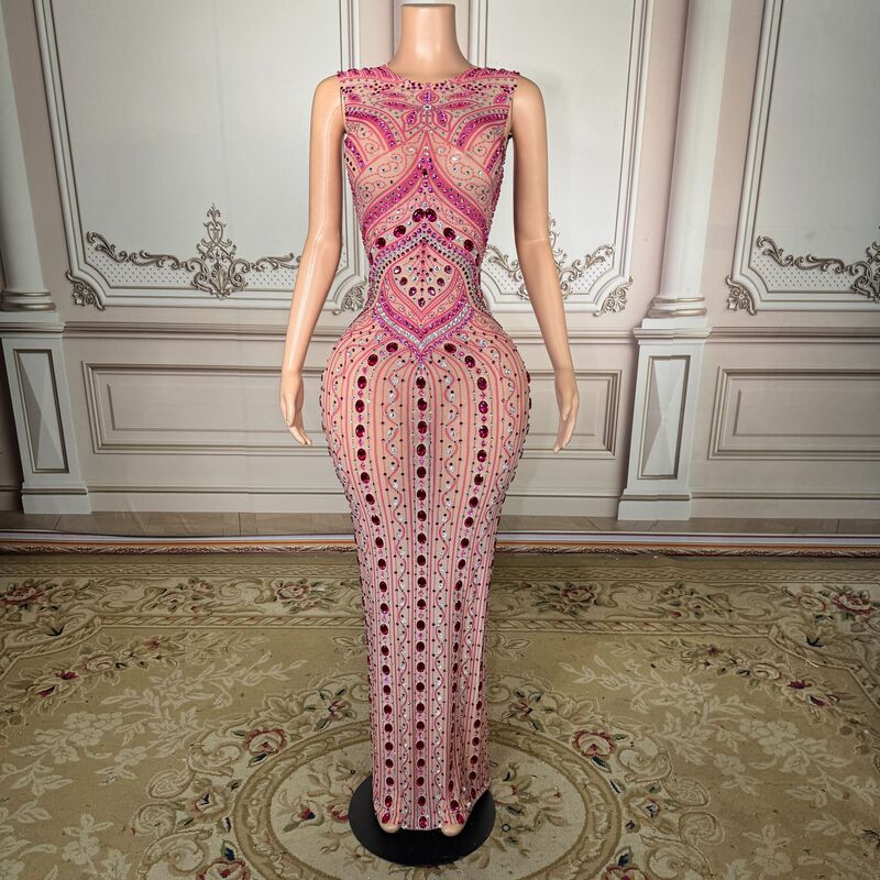 Pink Shiny Rhinestone Sleeveless Dress for Company Annual Meeting, Birthday Party, Host, Banquet, Elegant Evening Gown