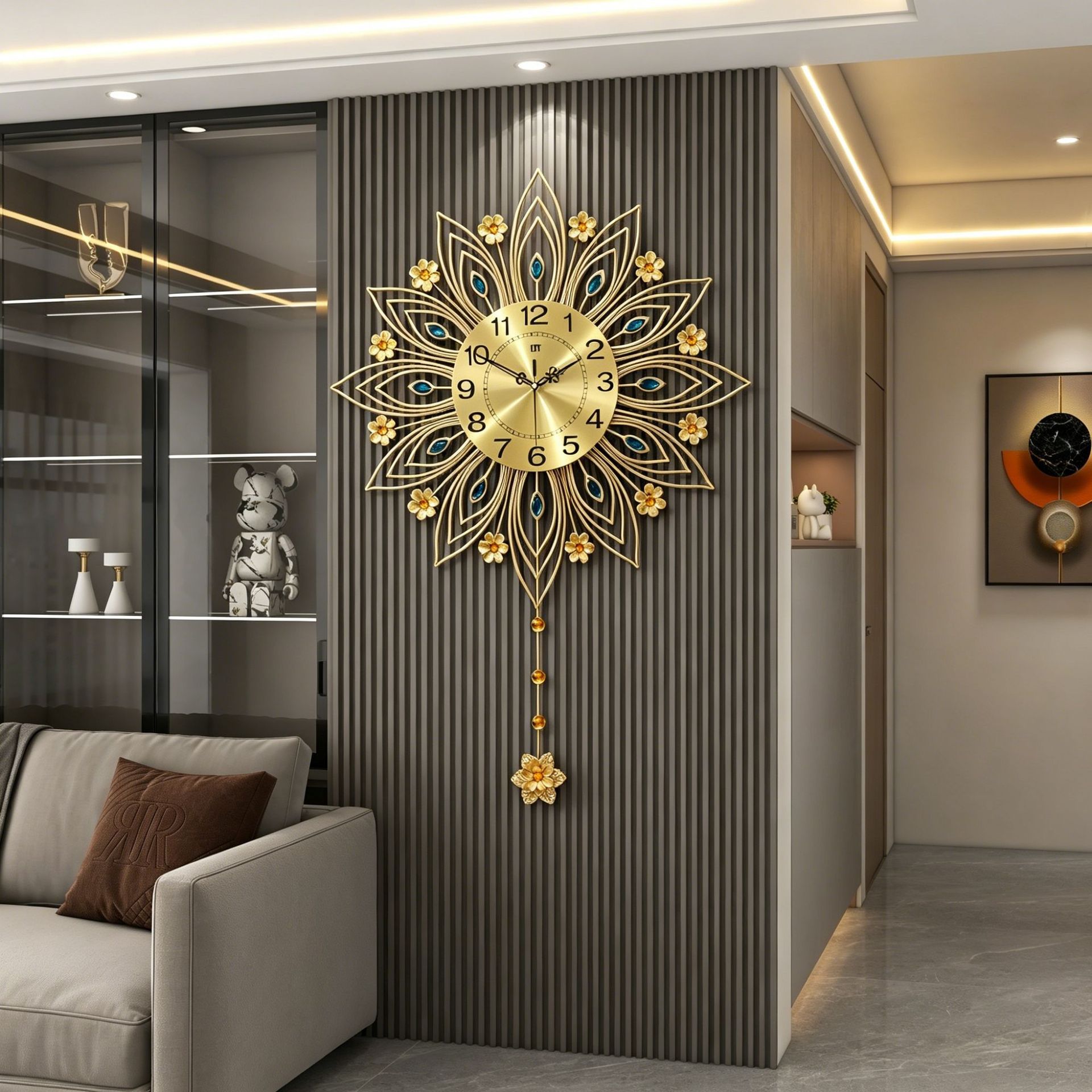 Reloj de lujo ligero de estilo europeo, reloj de pared, sala de estar, sensación de alta gama, decoración del hogar, reloj de pavo real, pared, estilo explosivo transfronterizo de Amazon
