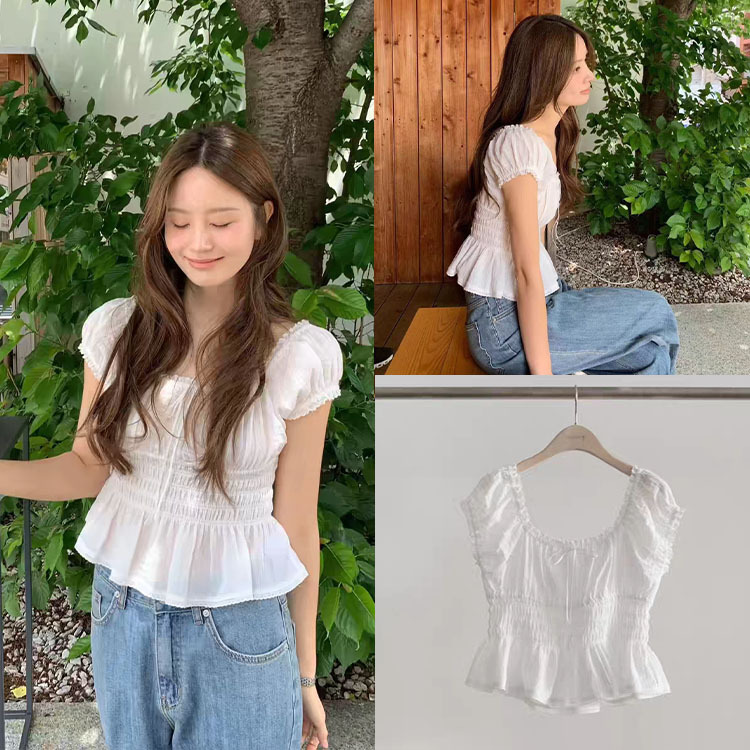 Fan Sun·Xh Korean-Style Waist-Cinching Pleated Puff Sleeve Shirt, Dongdaemun Summer New Sweet and Gentle Blouse Top Fan Sun·Xh Korean-Style Waist-Cinching Pleated Puff Sleeve Shirt, Dongdaemun Summer New Sweet and Gentle Blouse Top