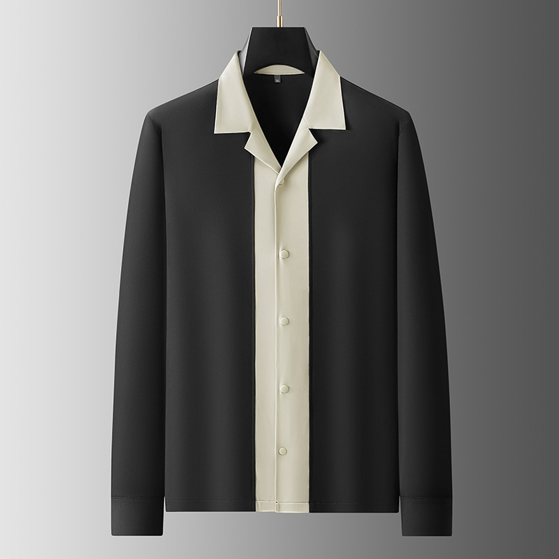 胖胖帅2025年秋季新款男青年潮胖加肥加大码西装领假两件拼色长袖