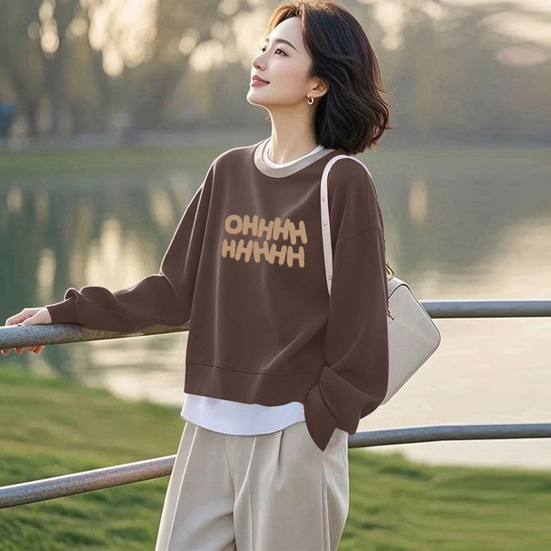 Foreign Trade Discount Store Genuine Pure Cotton Long-Sleeved Printed Sweatshirt for Women Spring & Fall Literary Casual Versatile Slimming Look Color Matching Top