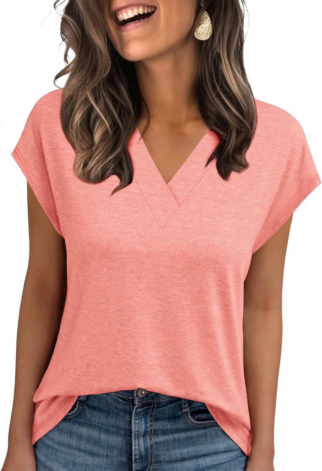 2026 Women Summer Casual V Neck Cap Sleeve Basic Tops_ecoleips.com