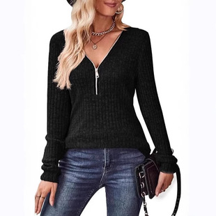 plus size Women's 2024 Autumn Cross-border New Amazon Pit Sanding Casual V-Neck Stitching Zipper Long Sleeve T-Shirt