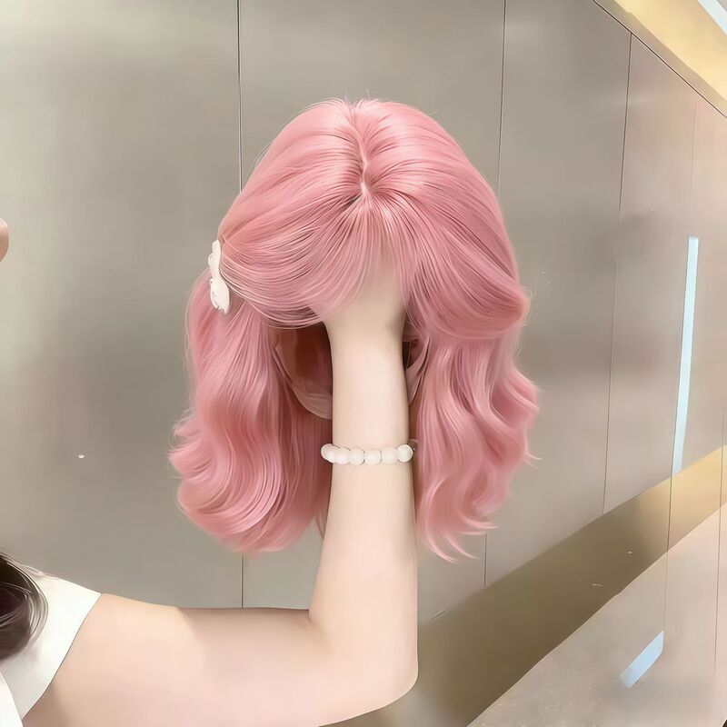 Korean-Style Wool Egg Roll Hair Wig for Women with Air Bangs, Cherry Blossom Pink, Age-Reducing Texture, Fluffy Natural Realistic Short Hair Korean-Style Wool Egg Roll Hair Wig for Women with Air Bangs, Cherry Blossom Pink, Age-Reducing Texture, Fluffy Natural Realistic Short Hair