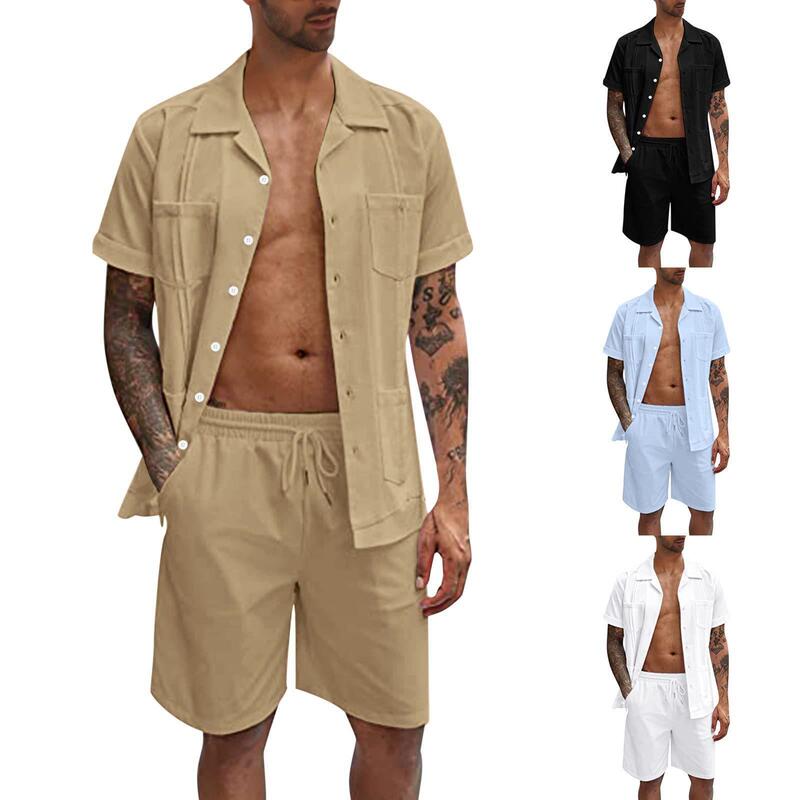 New 2023 Summer Simple Summer Sports Short-sleeved Shorts Set Linen Loose Casual Men's Shirt Set