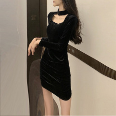 秋冬季金丝绒连衣裙女冬裙修身显瘦打底裙子纯欲风保暖辣妹装裙子