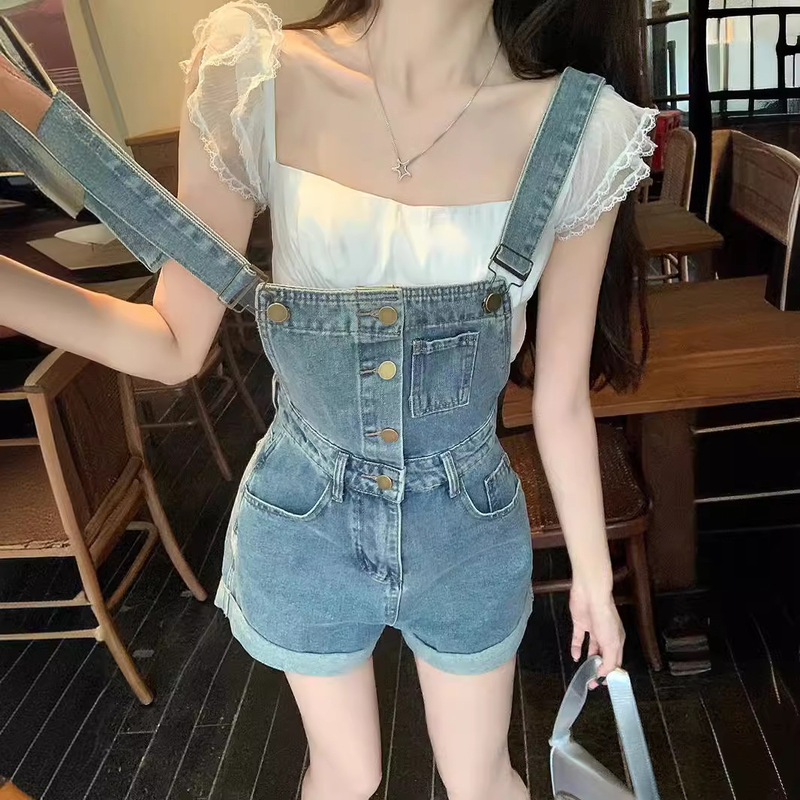 Curled Single-breasted Denim Belt Pants Women's Summer 2024 Korean Style New High Waist Slimming Straight One-piece Short Pants