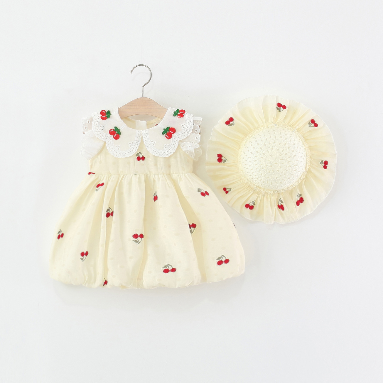 2025 summer new lace cherry collar dress girls Korean lace flying sleeve skirt straw hat
