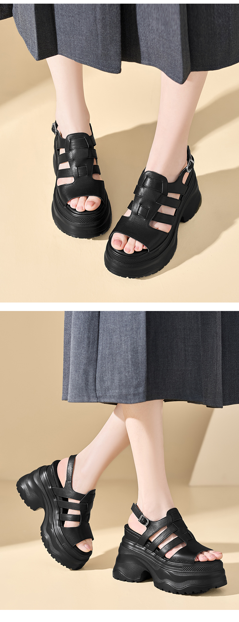 Sandal cao gót nữ da thật mũi hở gót platform 12cm — màu đen, màu trắng ngà chi tiết 10