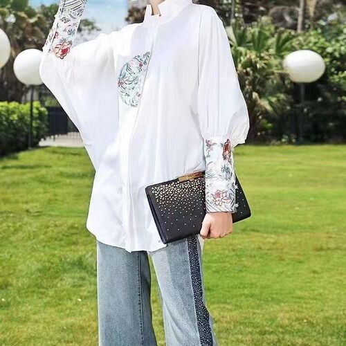 China style retro shirt and top for women 2025 autumn new style Chinese stand-up collar loose slimming medium and long shirt trend