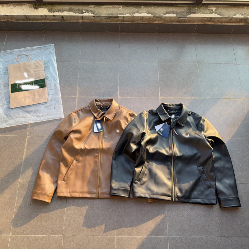 Raff Rl Classic Zipper Pure Color Lapel Long-Sleeved Leather Jacket Autumn and Winter Retro Cool Jacket for Men and Women Cross-Border Wholesale