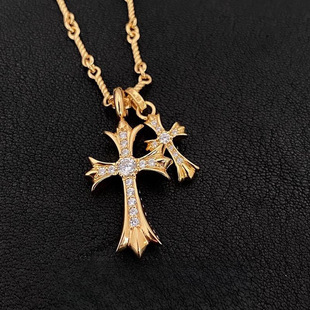 18K Gold Inlaid Natural Diamond Necklace for Couples, Vintage Cross Clavicle Chain Pendant, Crow Heart Set Chain, Light Luxury