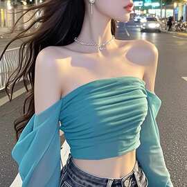 绿色一字肩网纱长袖褶皱短款上衣入秋修身显瘦精致高级感轻奢恤