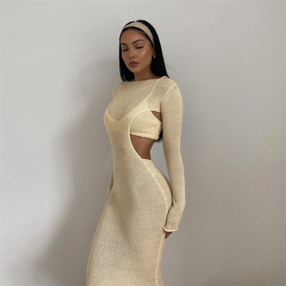 round neck long sleeve slim backless long solid color dress two-piece set NSAG134321