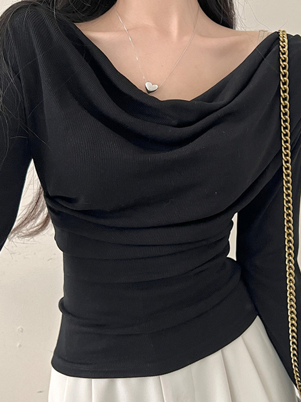 欧美甜美少女风纯色简约基础荡领长袖T恤跨境慵懒感休闲内搭上衣|undefined