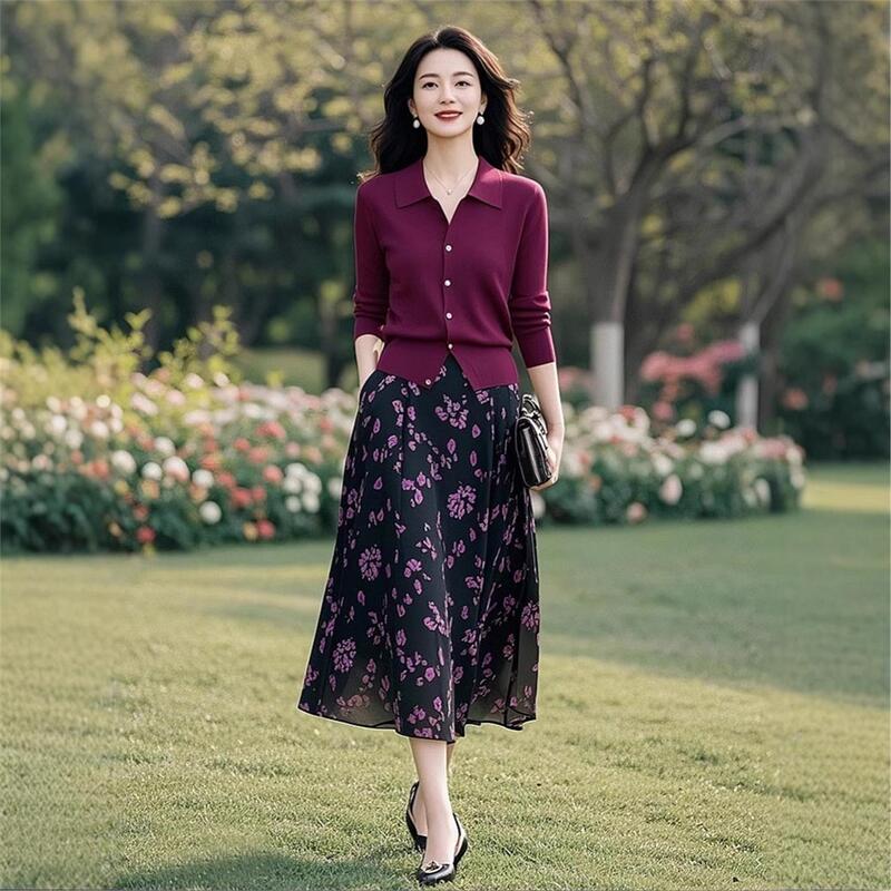 春秋季穿搭一整套气质休闲高级感中年妈妈针织衫碎花半身裙两件套|undefined