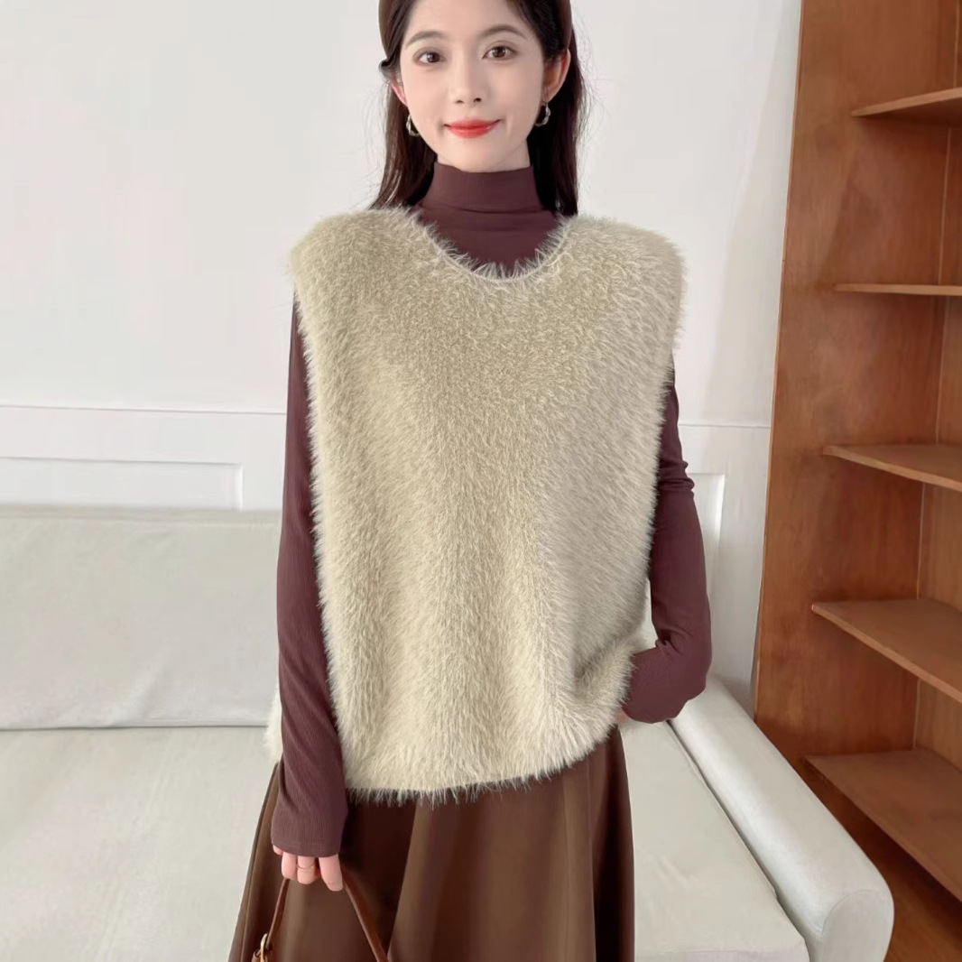 仿水貂绒毛衣女无袖针织衫马甲2025秋冬韩版新款叠穿宽松外搭背心