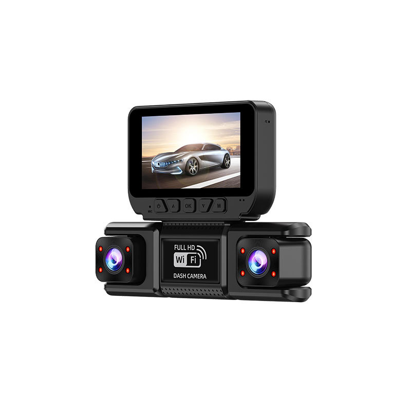 Four-lens 360-degree dashcam with WiFi mobile playback, night vision, anti-shake, parking monitoring, and reverse recording