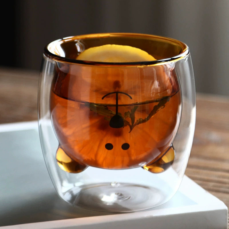 Double-wall Glass Cup (Little Bear) 250 ml — Cute Inner Bear, Insulated Colorful Home Mug