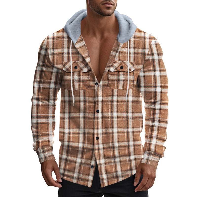 Cross-border American Retro Plaid Shirt Men's Autumn and Winter Hooded Flannel Jacquard Shirt Amazon Casual Jacket Men