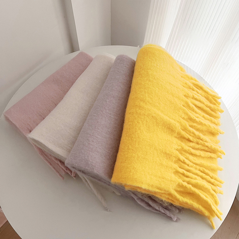 Solid color mohair with lazy style, soft fluffy solid color, big pull hair warm scarf for students and couples_voghion.com