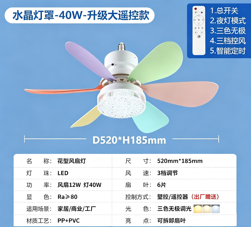Ventilador de Techo con Luz E27 de ABS Silencioso para Comedor y Dormitorio