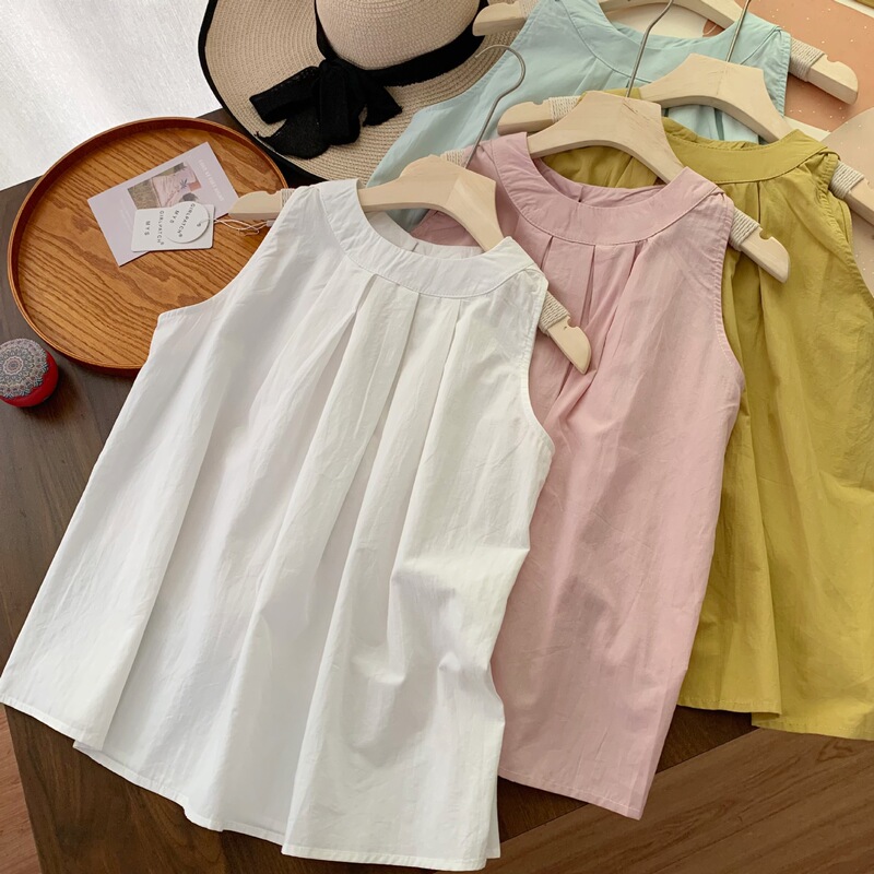 Han Feng Design Pleated Neck Cotton and Linen Vest Shirt Women's Summer Loose A- Flesh Slim Elegant Doll Shirt Top
