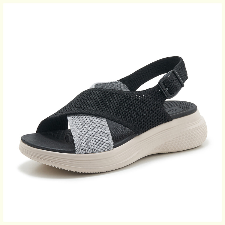 Sandal nữ quai chéo dệt kim phối dây rút, đế MD nhẹ êm — màu be, màu đen, xanh lam, màu hồng chi tiết 17