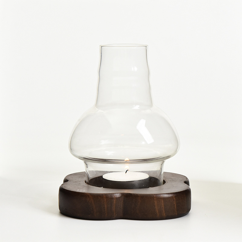 Candelabro japonés de madera maciza de vidrio a prueba de viento, lámpara Zen retro para el hogar, pantalla de vela a prueba de viento, mesa de centro, mesa de comedor, adornos chinos