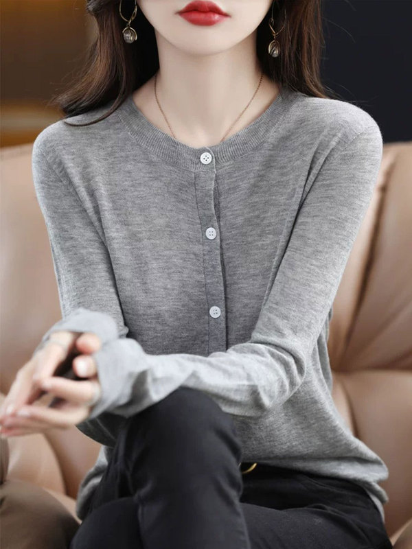 【厂家直供】秋季新款圆领针织开衫外套女纯色薄款宽松外搭毛衣|undefined
