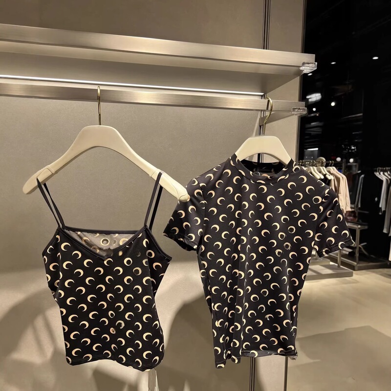 New~Marin·E S·Erre Moon Print Camisole Top Round Neck Short-Sleeved T-Shirt