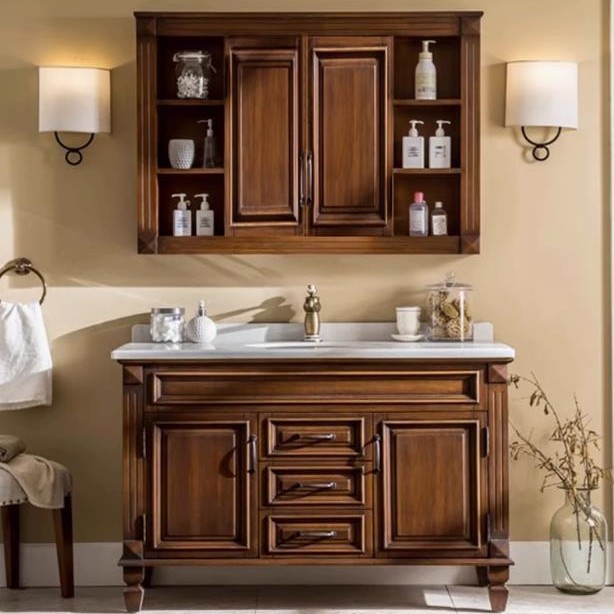 American-Style Bathroom Cabinet Set with Floor-Standing Oak and Ceramic Integrated Washbasin, Hidden Feng Shui Mirror, and Bathroom Vanity