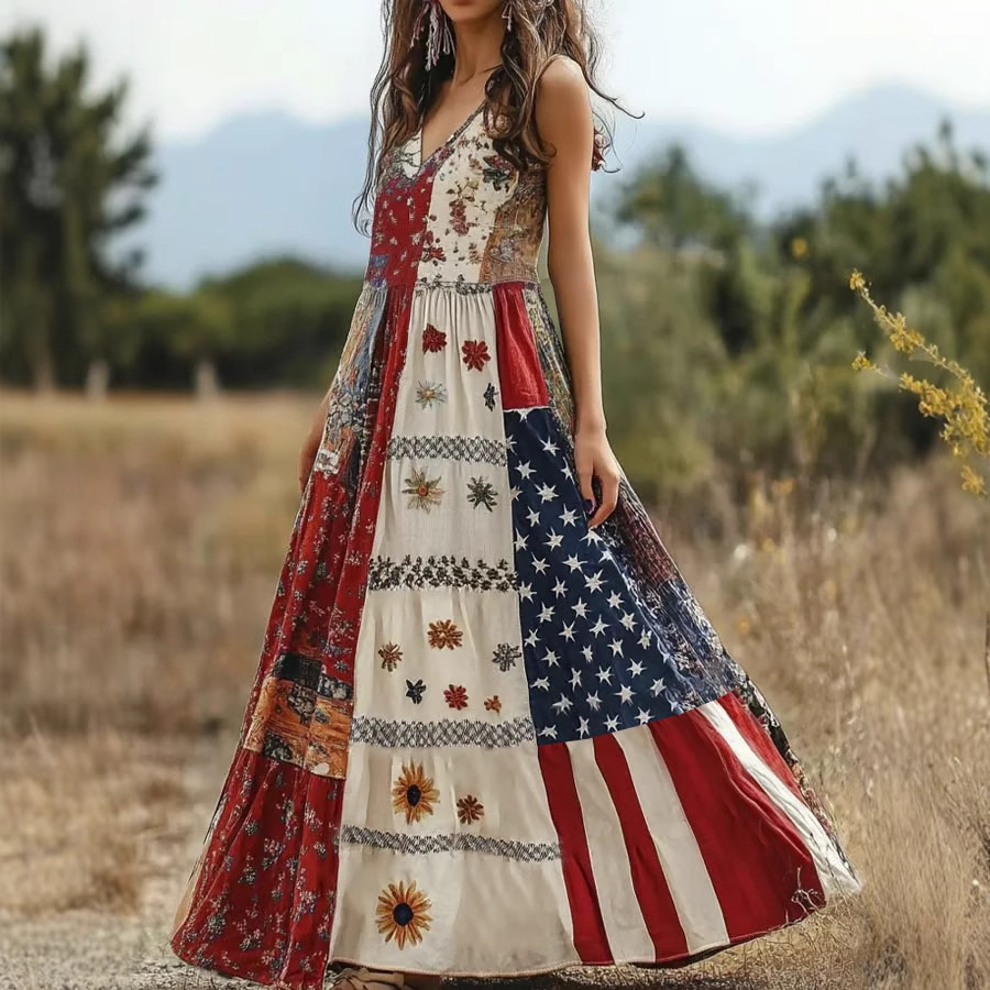 2025欧美跨境亚马逊独立站SHEIN印花独立日国旗印花长款连衣裙