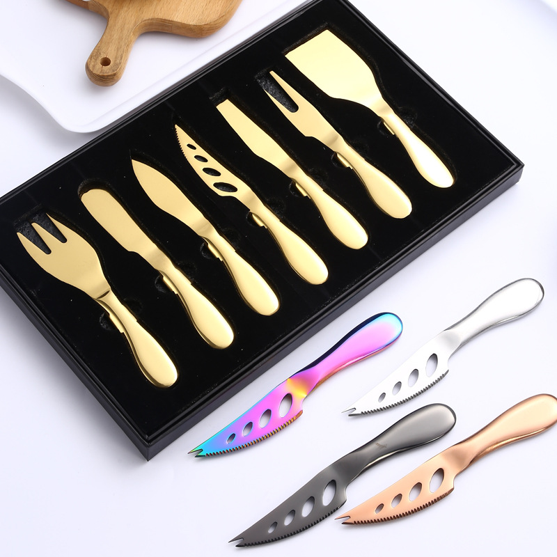 跨境不鏽鋼芝士刀具套裝實心牛油刀披薩奶酪刀黃油刀7件套禮盒裝