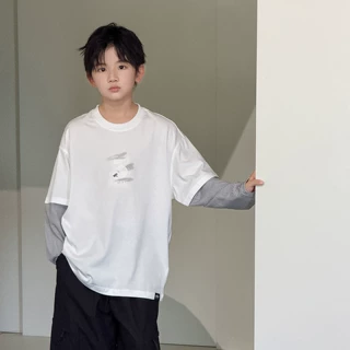 加工定制童装2026秋季新男童假两件长袖T恤中大童韩版洋气儿童t潮