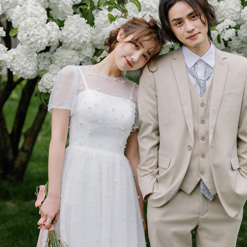 Mori Style Light Wedding Dress Travel Photographic Registration Certificate Small Simple Super Fairy Sling White Slim Beaded Dress for Women