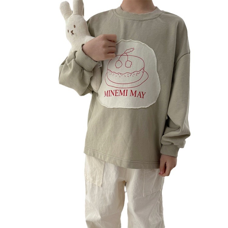 2024 primavera estilo coreano carta de dibujos animados para niños camiseta moda niños y niñas cuello redondo manga larga parche impreso camiseta