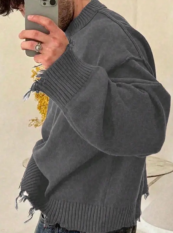 Cross-border retro americano otoño invierno perezoso suéter de cuello redondo para hombres Harajuku bordes de lana sueltos camisetas de punto casuales