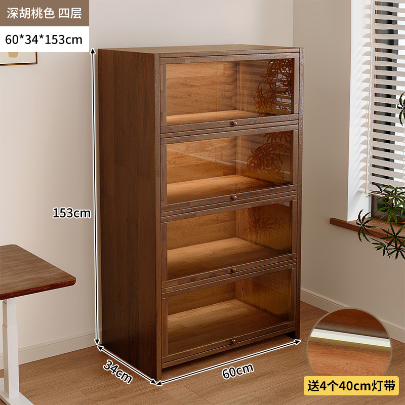 Librería de madera maciza a prueba de polvo integrada contra la pared Armario de almacenamiento de color nogal Armario de almacenamiento Armario de piso Estantería para el hogar