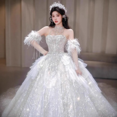 挂脖轻婚纱新娘2025新款主纱高级质感高定款小个子重工大码拖尾孕