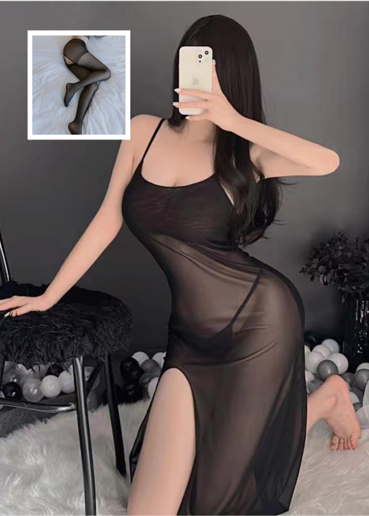 블랙(롱스커트+T바지) + 블랙 오픈삭스