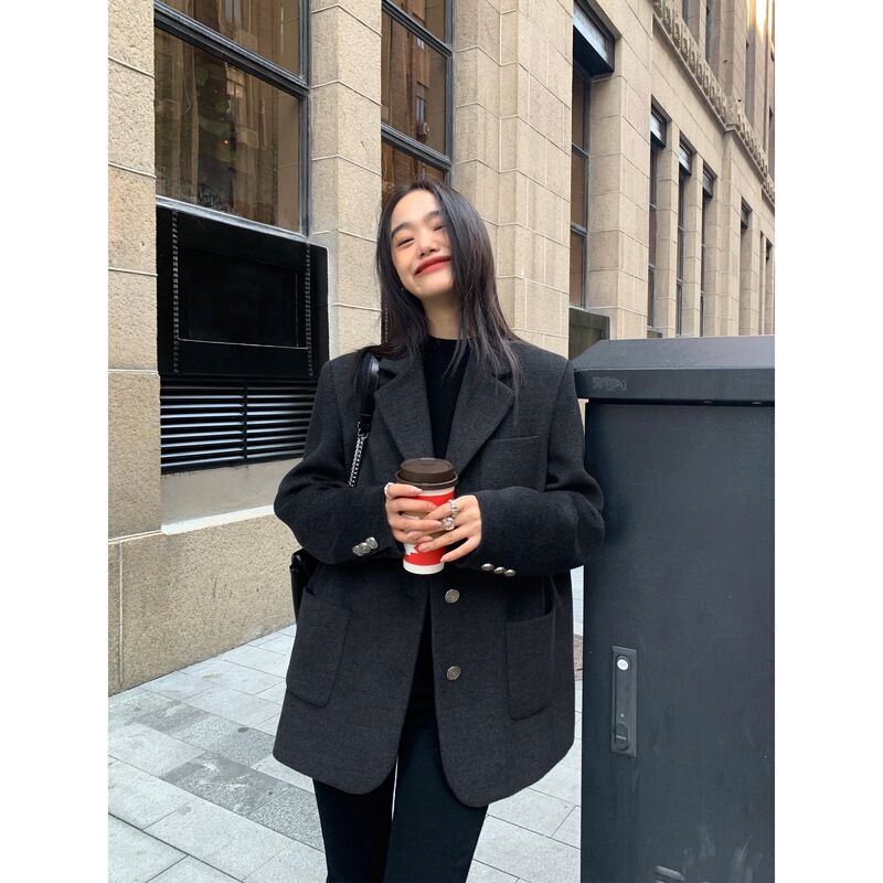 pusumede 黑色毛呢西装外套女新款高级气质韩系复古宽松西服上衣|undefined