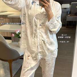 新中式睡衣女花色丝绸感古风睡衣女中国风家居服两件套