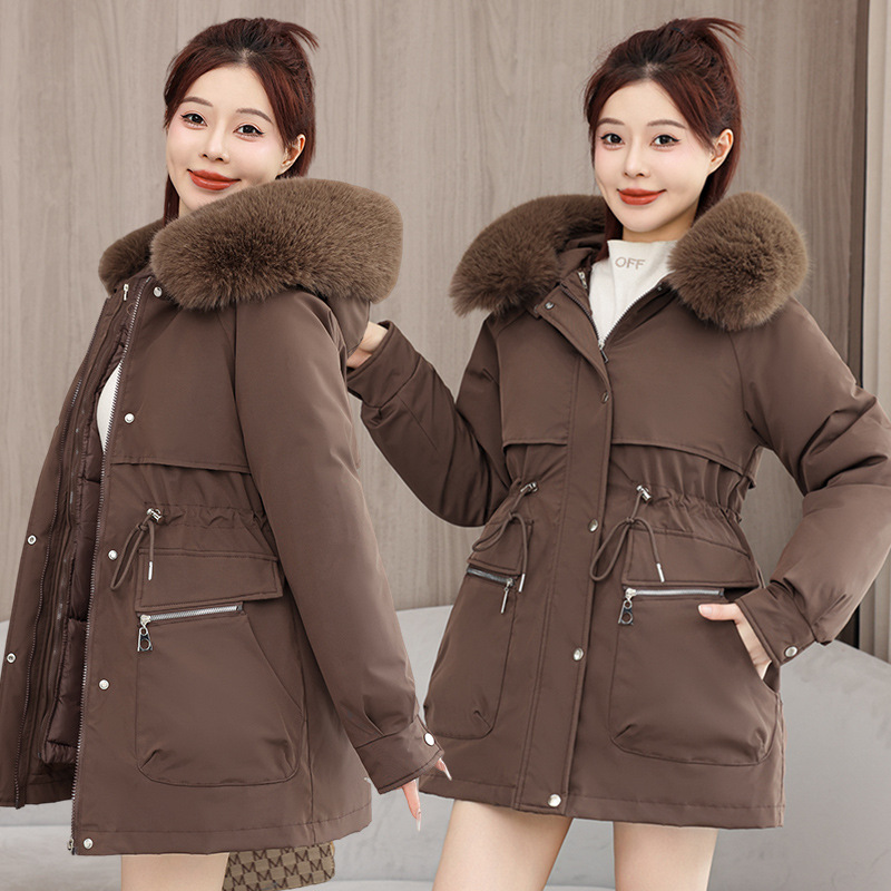 2025 ropa de algodón desmontable para mujeres otoño y invierno nuevo cuello de cabello grande coreano medio largo suelto y grueso chaqueta de algodón lote