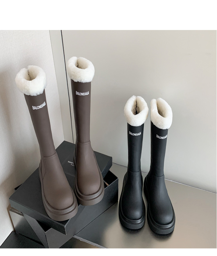 Boot nữ cổ cao lót nhung đế dày da bò giữ ấm mùa đông — Màu nâu ống lớn chi tiết 22