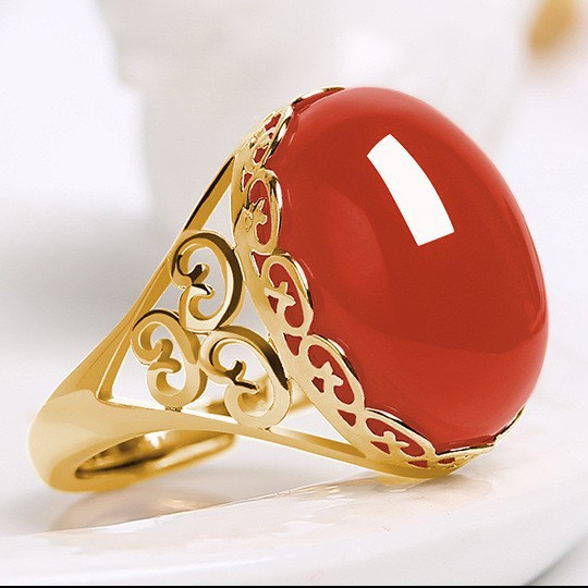Nuovo anello da donna in stile etnico, elegante, aperto, con calcedonio e agata rossa e verde, con pietra preziosa, ideale per la nonna._voghion.com
