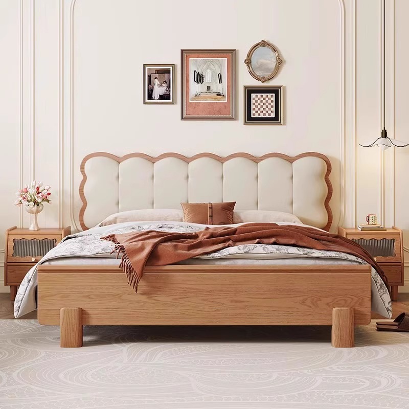Scandinavian Style Ash Solid Wood Bed 1.8m Double Bed Master Bedroom Home 1.5m Cream Style Wavy Soft Solid Wood Bed