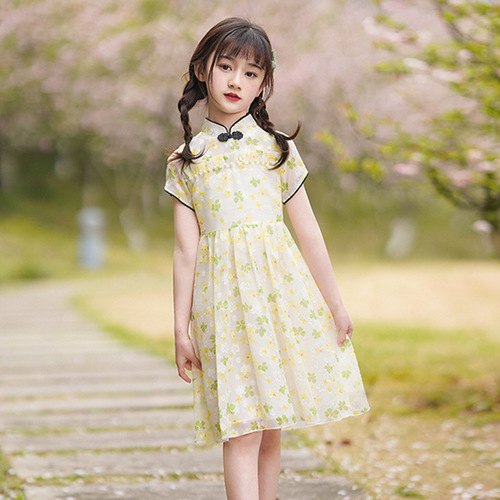 Girl chinese qipao retro pink blue yellow floral cheongsam dress improved cheongsam girl chiffon skirt princess dress Chinese style for kids