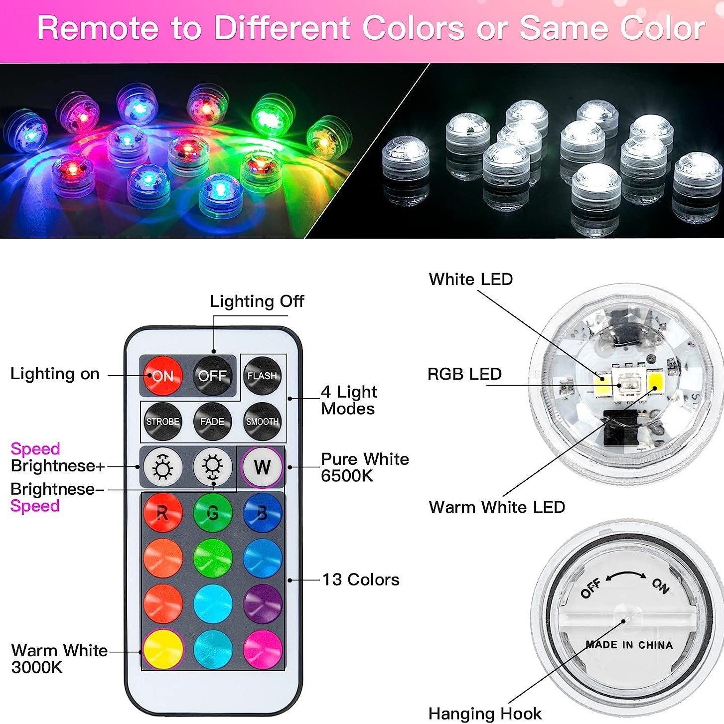 RGBW control remoto de buceo luz LED perilla de baño pecera luz florero paisaje fuente luz piscina subacuática caja de regalo Luz