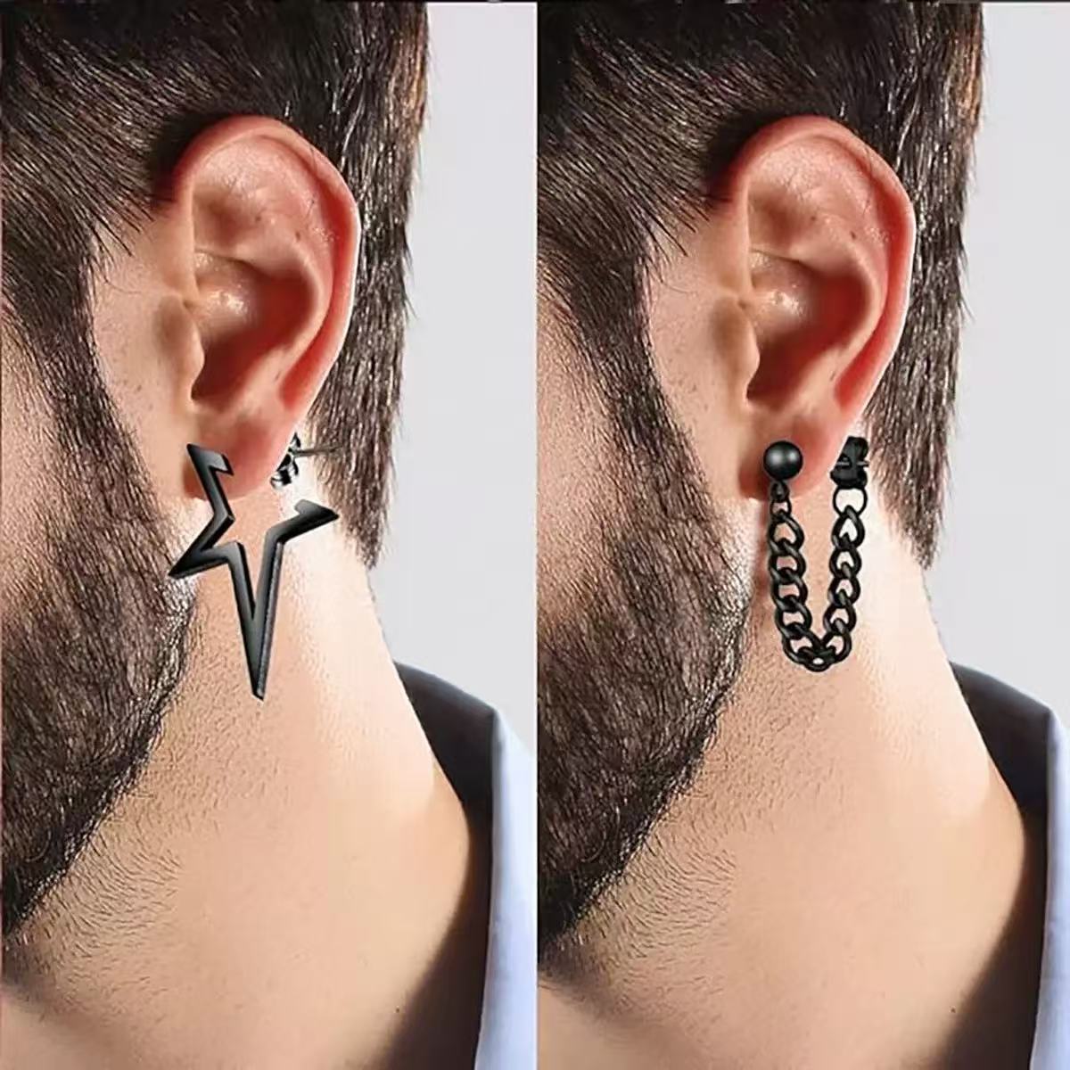 Boucles d'oreilles tendance noires punk en acier titane pour hommes, clous d'oreilles personnalisés et géométriques, bijoux percés style urbain_voghion.com